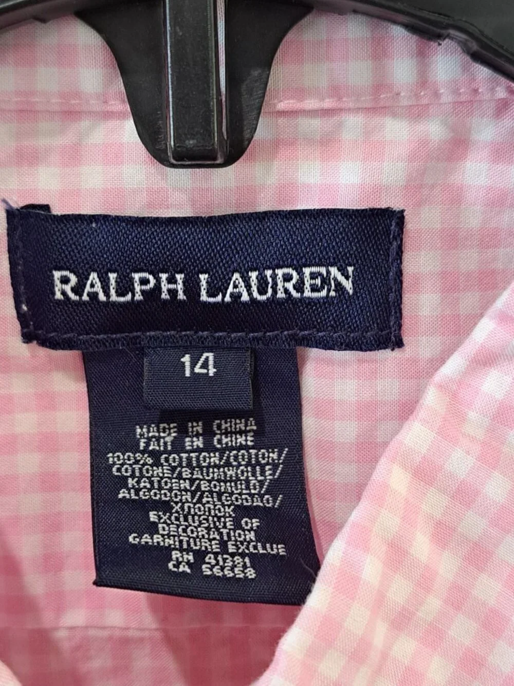 Ralph Lauren Girls Pink Gingham Button Dress 14 Cotton 3/4 Sleeves Green Logo